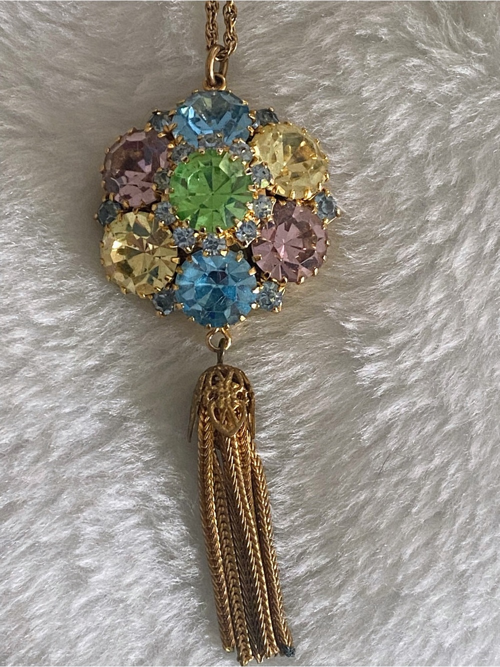 Vintage Gold-Tone Multicolor Rhinestone Pendant Necklace And Clip Earrings Set - Picture 10 of 12